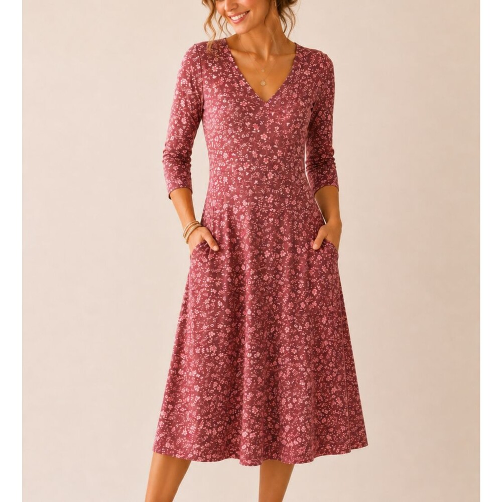 Pact Organic Cotton Floral Fit Flare Midi Dress Medium Stretch Boho Cottage NWT